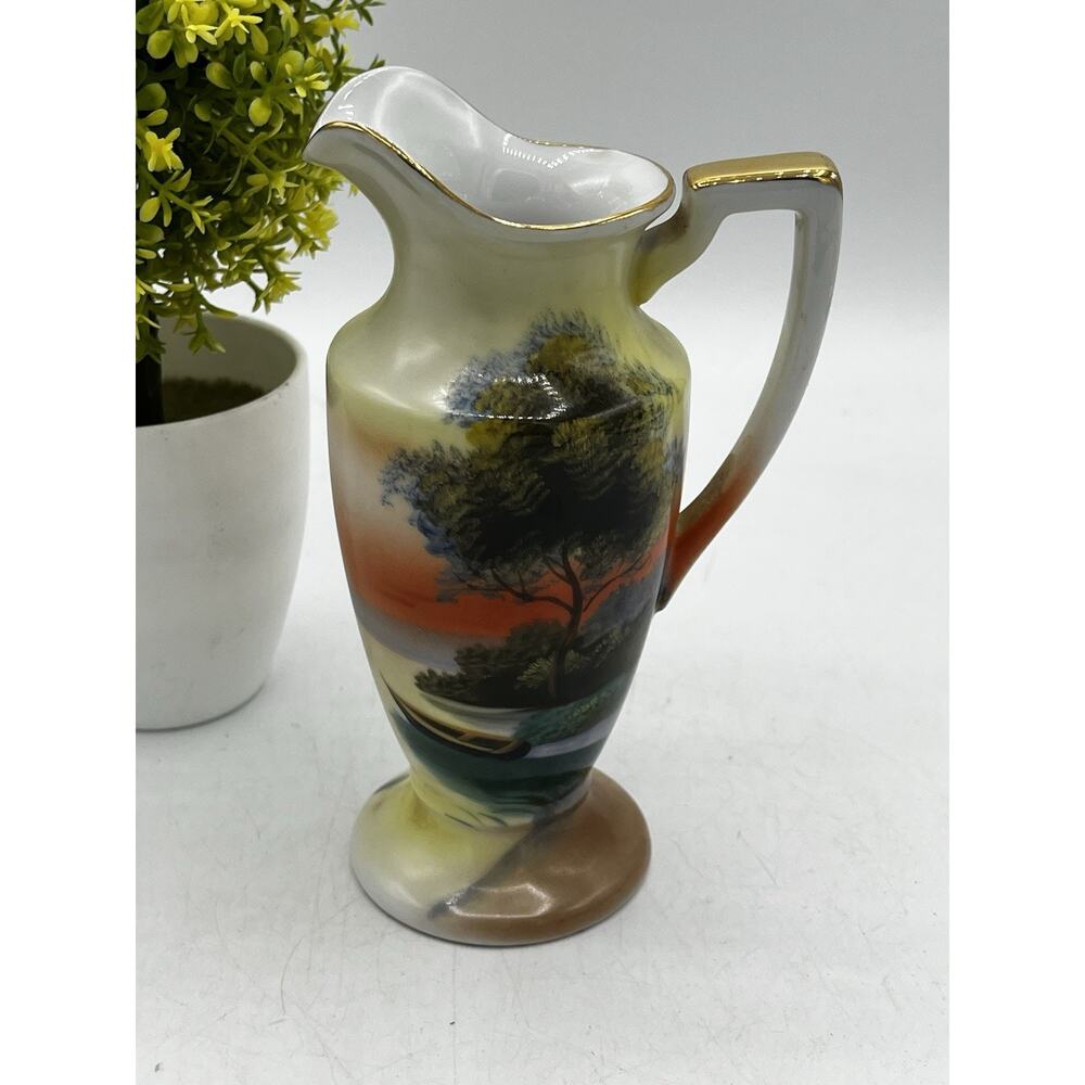 Noritake M Wreath Mark Hand Painted Landscape Miniature Pitcher 1911-1921